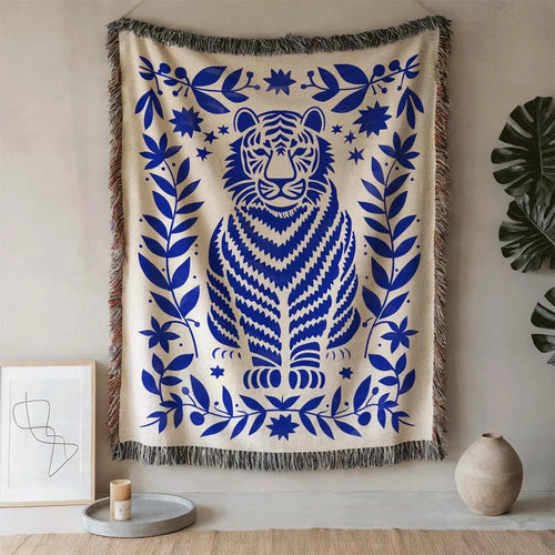 Blue Folk Art Tiger Woven Blanket
