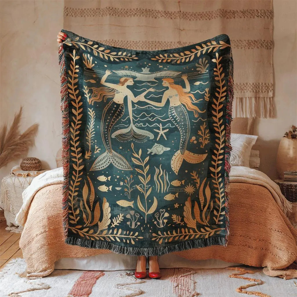 Folk Art Mermaid Woven Blanket